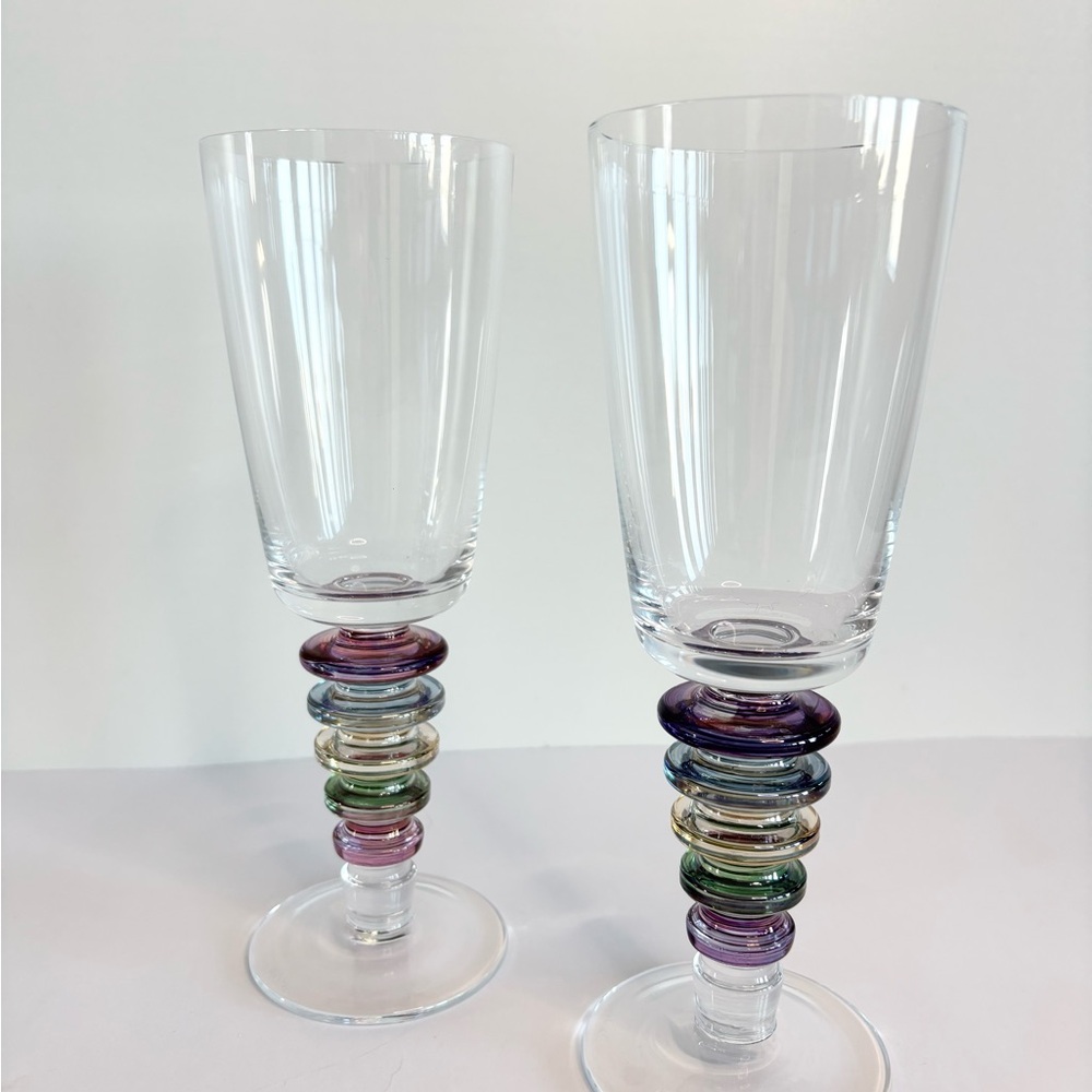 Vintage Pair Block Crystal Carnival Wine / Water Goblet Glasses
